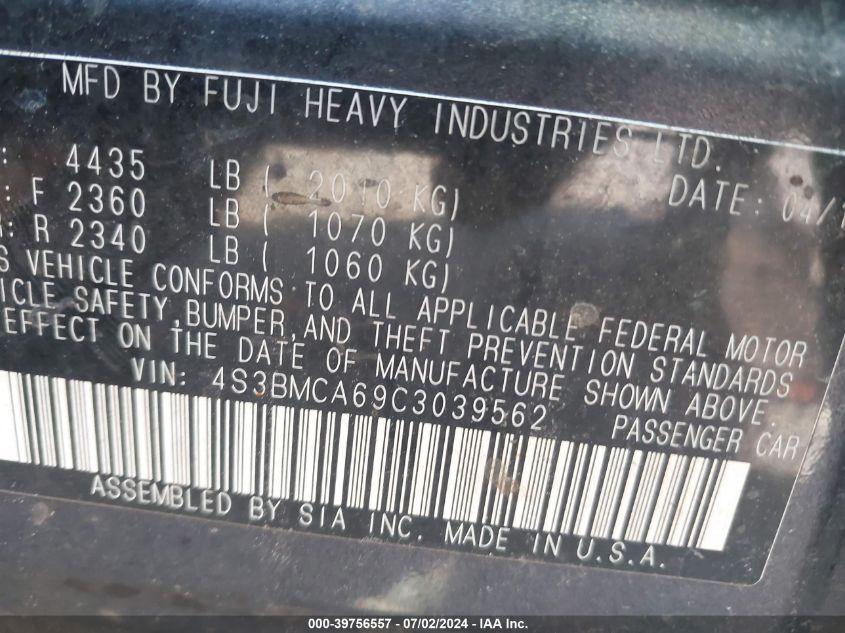 2012 Subaru Legacy 2.5I VIN: 4S3BMCA69C3039562 Lot: 39756557