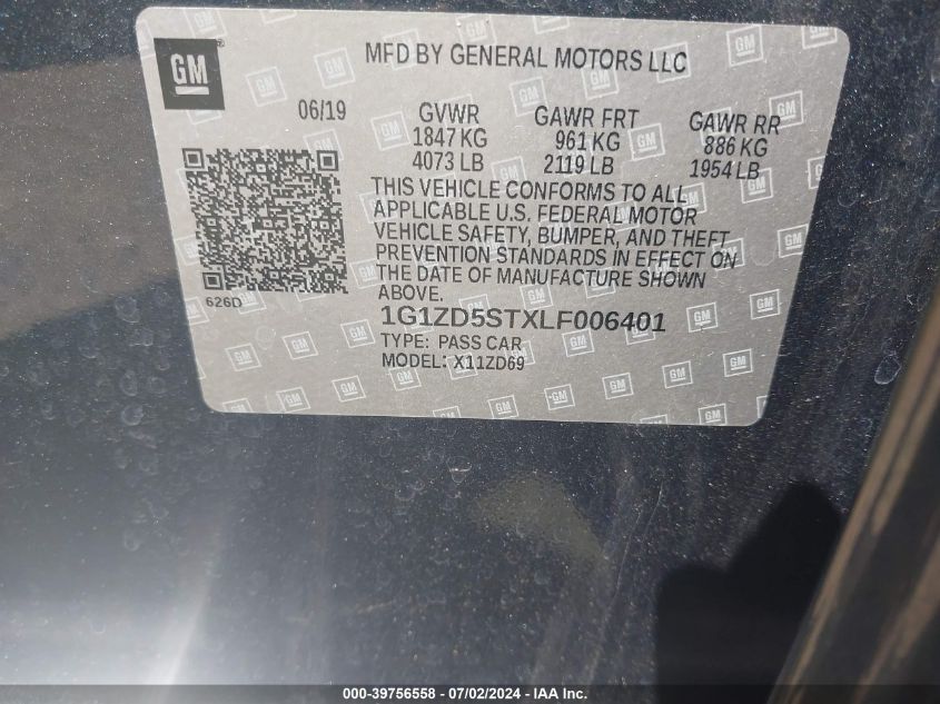 2020 Chevrolet Malibu Fwd Lt VIN: 1G1ZD5STXLF006401 Lot: 39756558