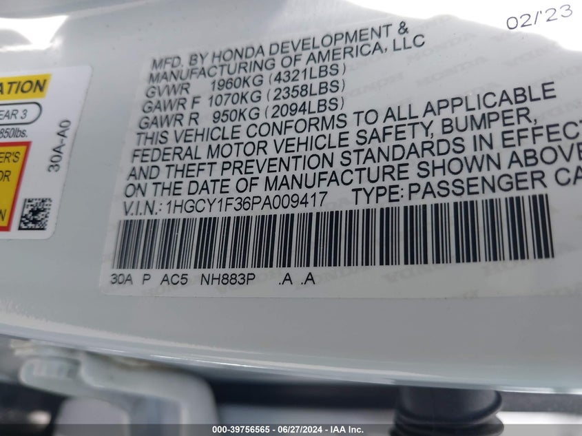 2023 HONDA ACCORD EX VIN: 1HGCY1F36PA009417