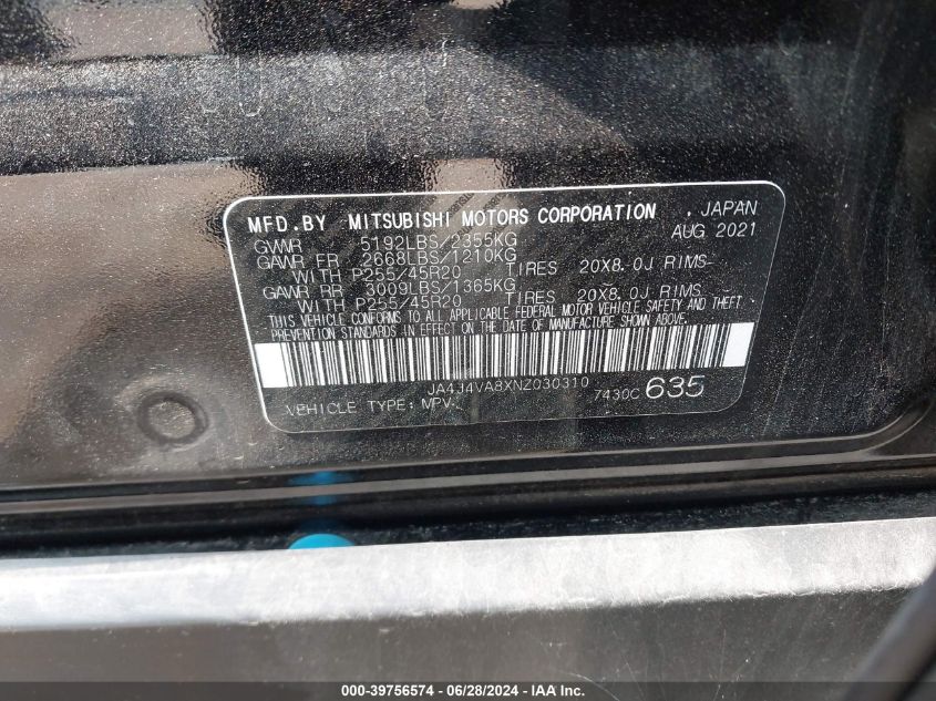 2022 Mitsubishi Outlander Sel/Sel Special Edition VIN: JA4J4VA8XNZ030310 Lot: 39756574