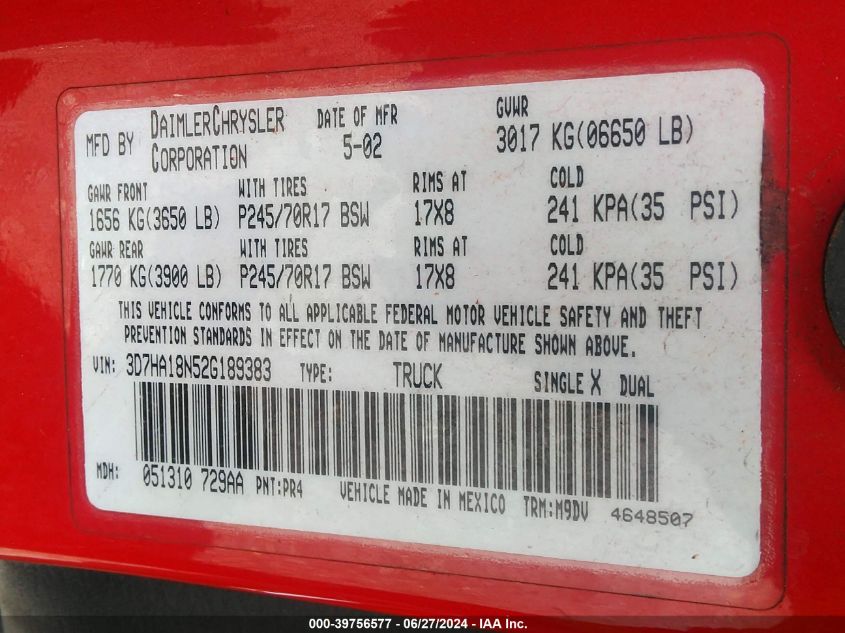 2002 Dodge Ram 1500 St VIN: 3D7HA18N52G189383 Lot: 39756577