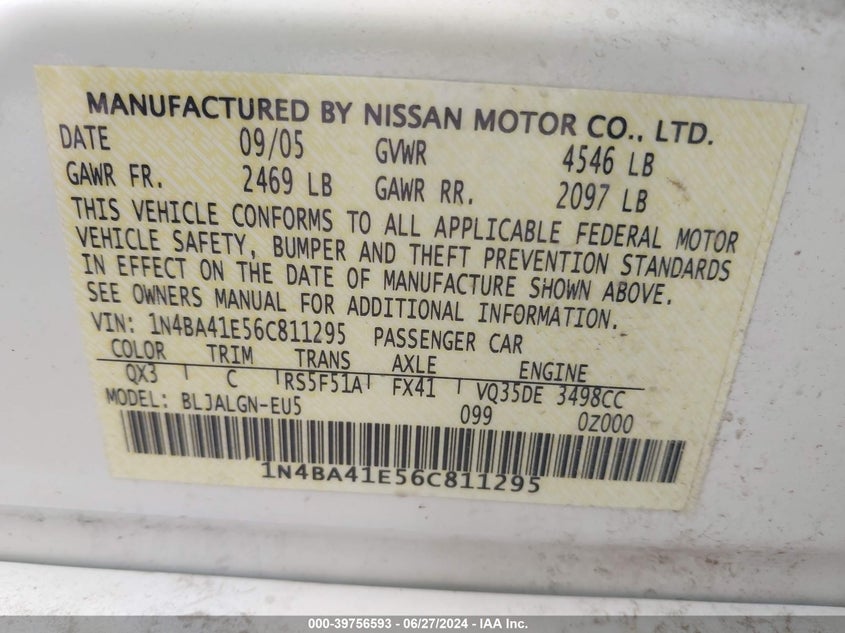 2006 Nissan Maxima Se/Sl VIN: 1N4BA41E56C811295 Lot: 39756593