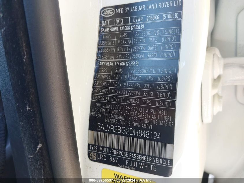 2013 Land Rover Range Rover Evoque Pure VIN: SALVR2BG2DH848124 Lot: 39756597