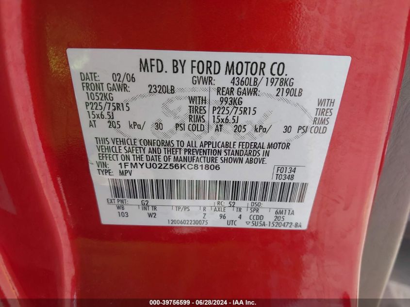 2006 Ford Escape Xls/Xls Manual VIN: 1FMYU02Z56KC81806 Lot: 39756599