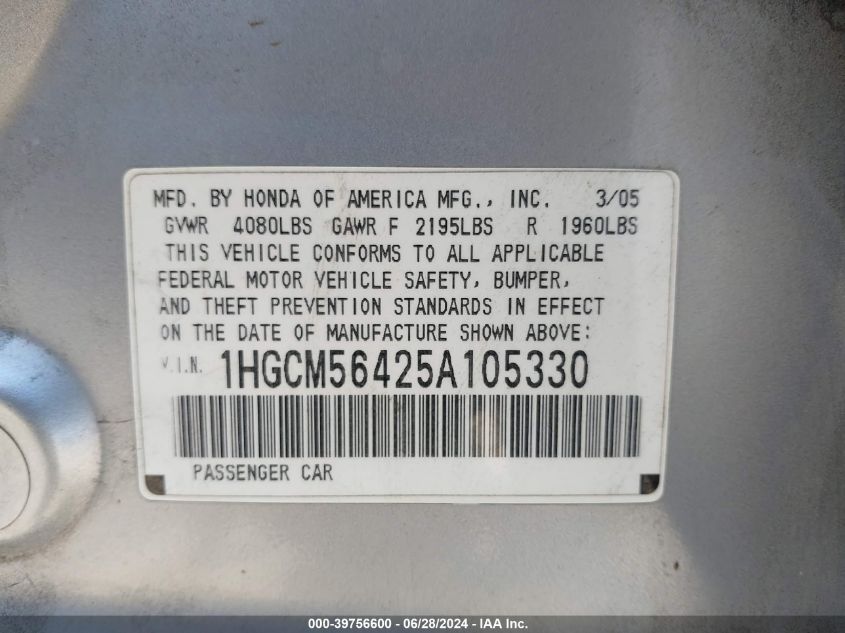 2005 Honda Accord 2.4 Lx VIN: 1HGCM56425A105330 Lot: 39756600