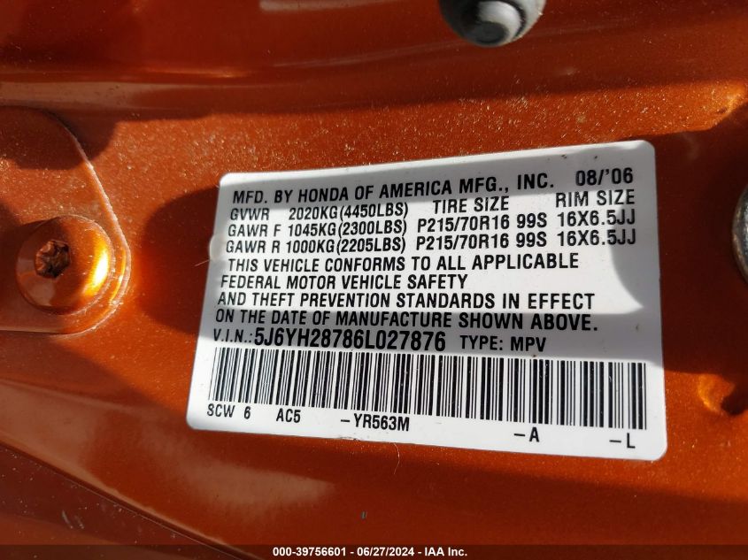 2006 Honda Element Ex-P VIN: 5J6YH28786L027876 Lot: 39756601