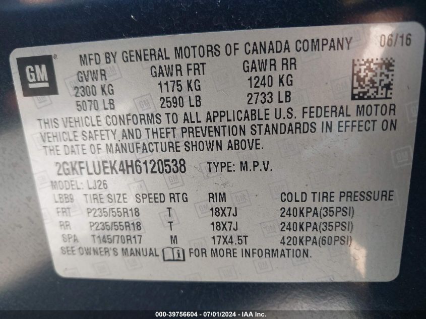 2017 GMC Terrain Slt VIN: 2GKFLUEK4H6120538 Lot: 39756604