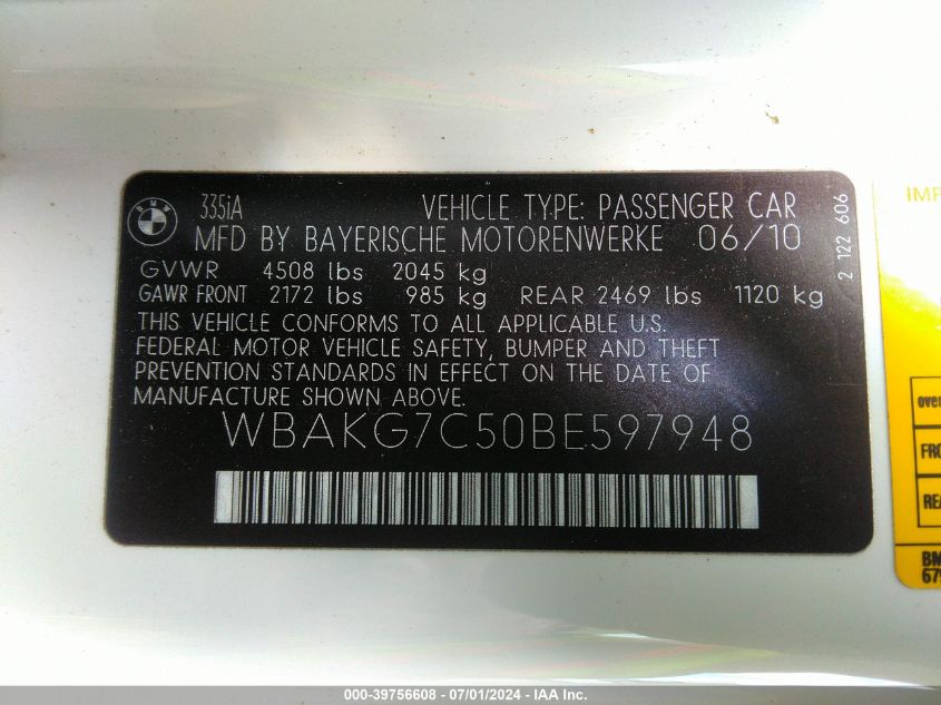 2011 BMW 335I VIN: WBAKG7C50BE597948 Lot: 39756608