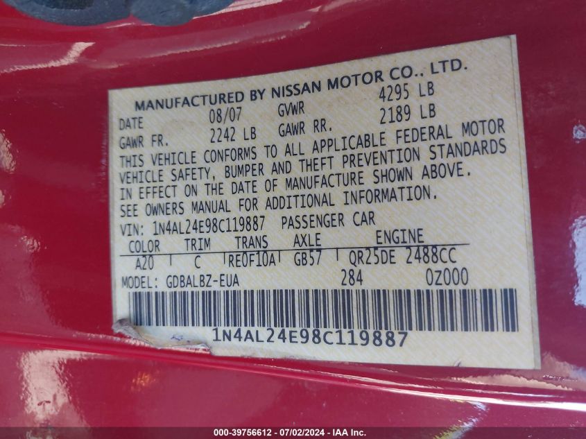 2008 Nissan Altima 2.5 S VIN: 1N4AL24E98C119887 Lot: 39756612