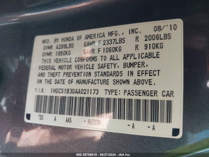 2010 Honda Accord 2.4 Lx-S VIN: 1HGCS1B30AA021173 Lot: 39756619