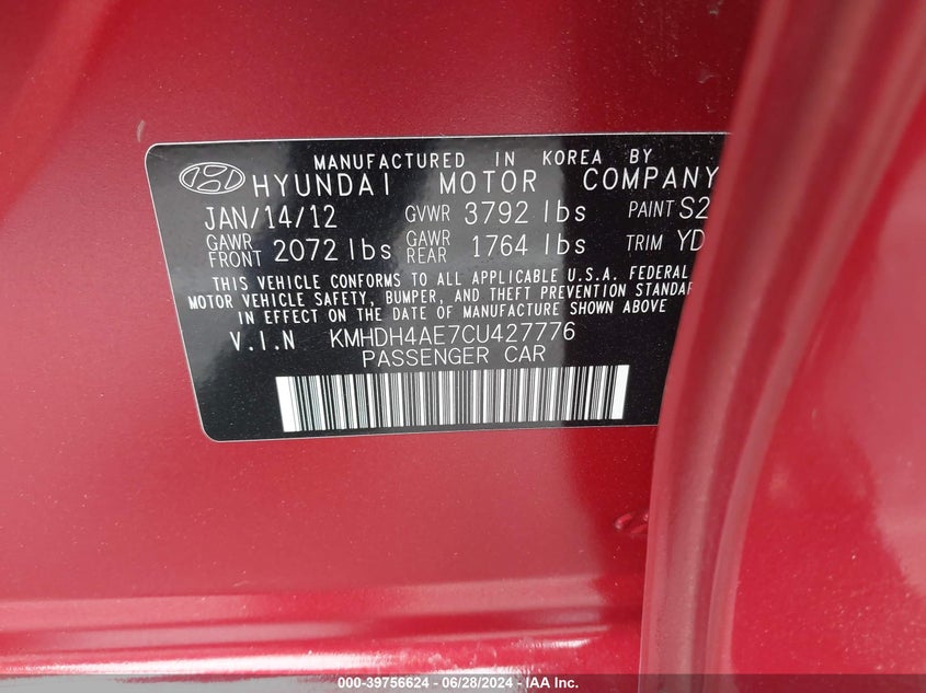 2012 Hyundai Elantra Gls (Ulsan Plant) VIN: KMH4AE7CU4Q7776 Lot: 39756624