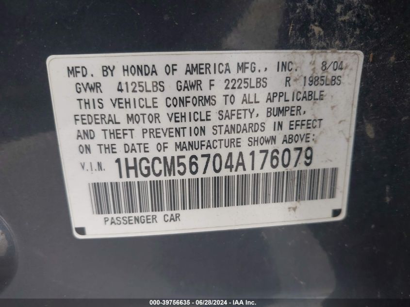 2004 Honda Accord Ex VIN: 1HGCM56704A176079 Lot: 39756635