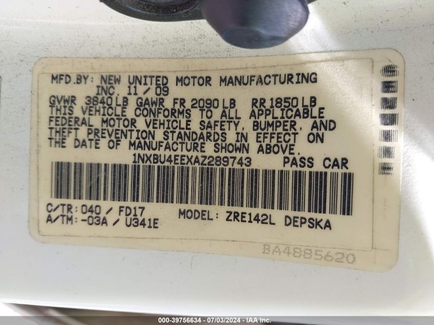 2010 Toyota Corolla S/Le/Xle VIN: 1NXBU4EEXAZ28974 Lot: 39756634