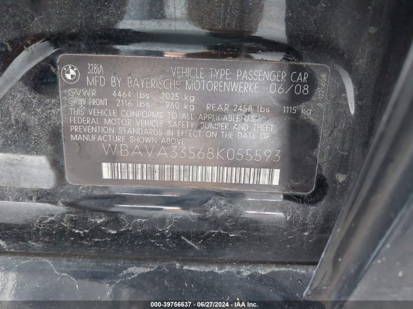 2008 BMW 328I VIN: WBAVA33568K055593 Lot: 39756637