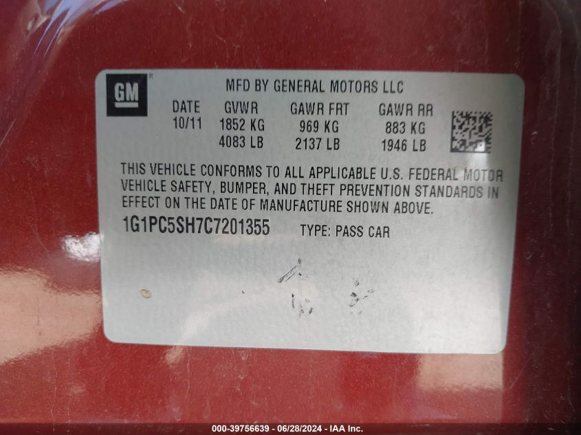 2012 Chevrolet Cruze Ls VIN: 1G1PC5SH7C7201355 Lot: 39756639