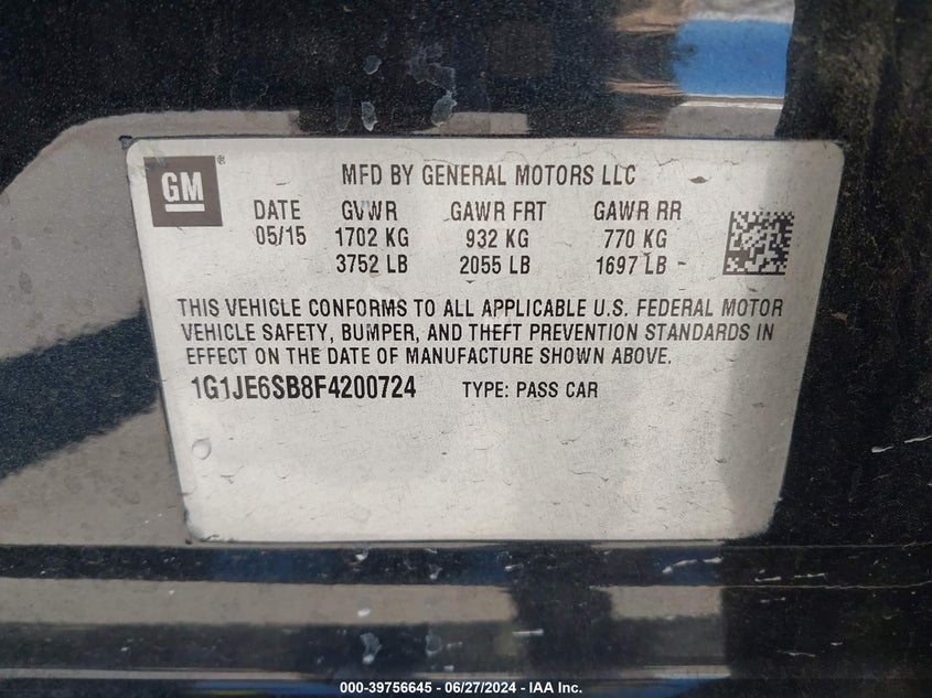 2015 Chevrolet Sonic Ltz Auto VIN: 1G1JE6SB8F4200724 Lot: 39756645