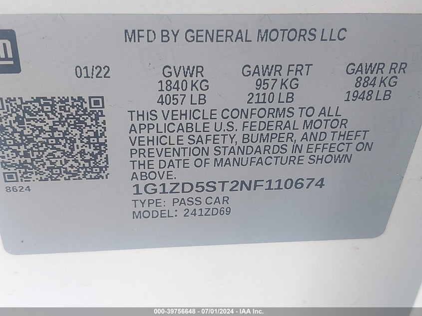 2022 Chevrolet Malibu Fwd Lt VIN: 1G1ZD5ST2NF110674 Lot: 39756648