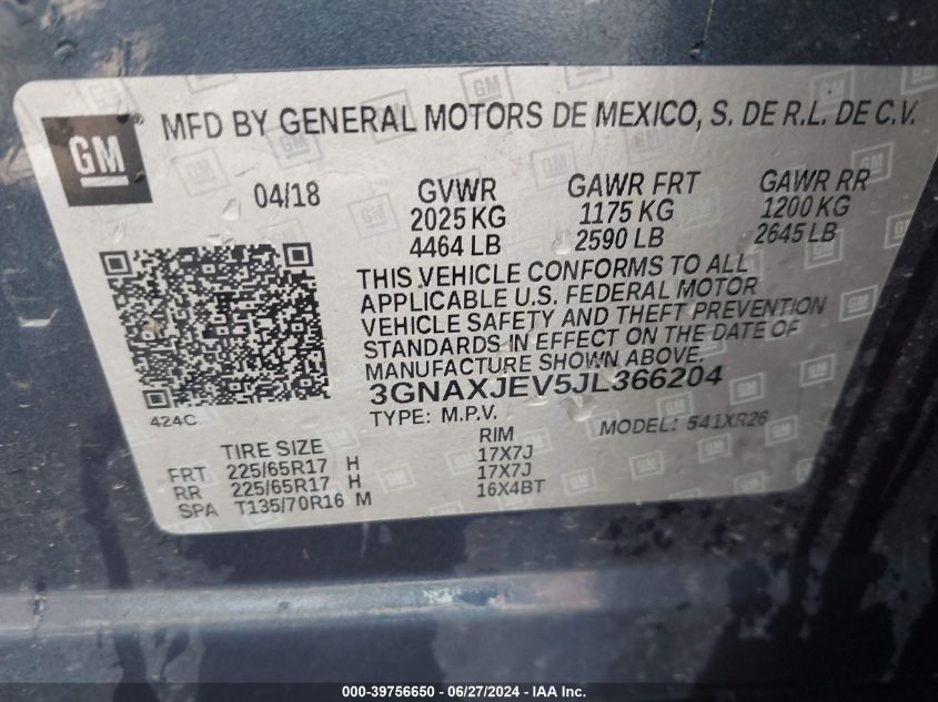 2018 Chevrolet Equinox Lt VIN: 3GNAXJEV5JL366204 Lot: 39756650