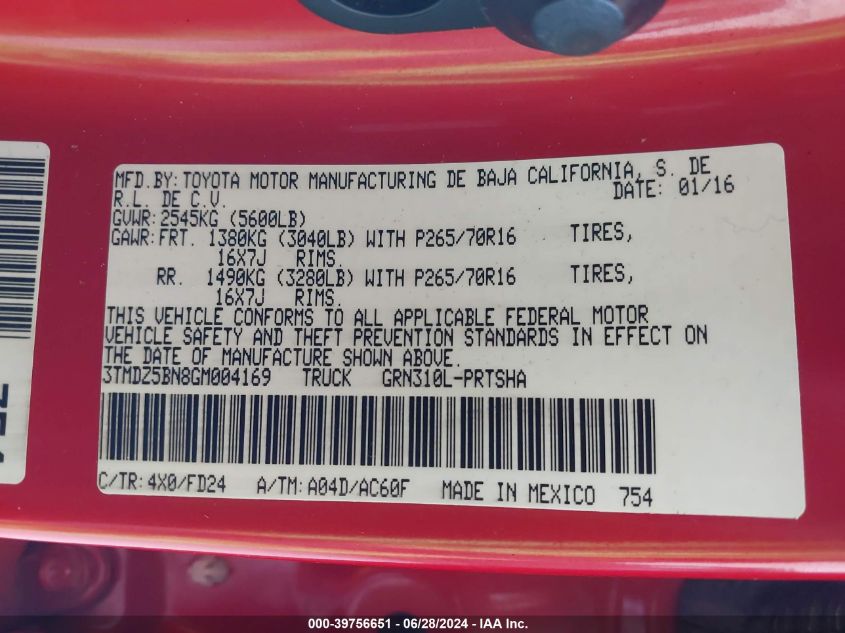 2016 Toyota Tacoma Trd Off Road VIN: 3TMDZ5BN8GM004169 Lot: 39756651