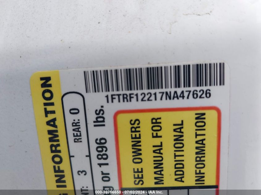 2007 Ford F-150 Stx/Xl/Xlt VIN: 1FTRF12217NA47626 Lot: 39756658