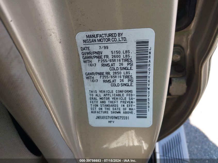 2000 Infiniti Qx4 VIN: JNRAR07Y6YW075591 Lot: 39756683