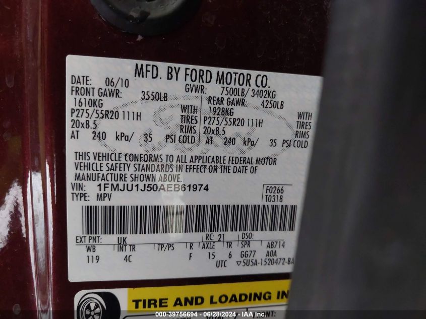 2010 Ford Expedition Eddie Bauer VIN: 1FMJU1J50AEB61974 Lot: 39756694