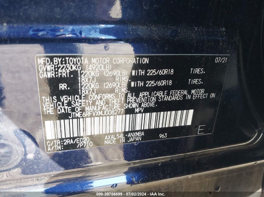 2021 Toyota Rav4 Hybrid Xse VIN: JTME6RFVXMJ008277 Lot: 39756699