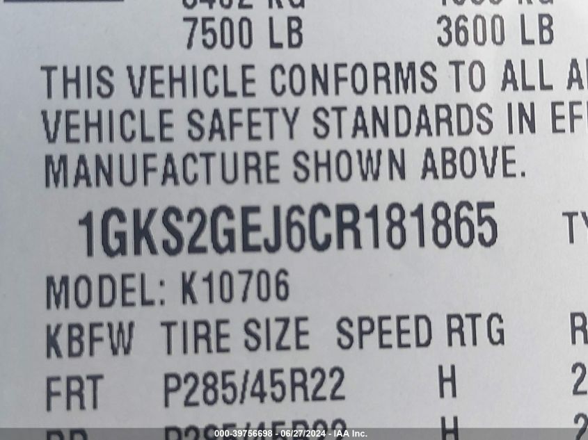 2012 GMC Yukon Hybrid Denali VIN: 1GKS2GEJ6CR181865 Lot: 39756698