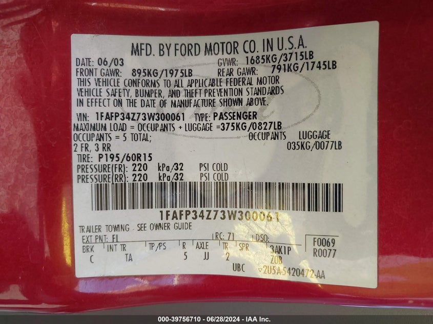 2003 Ford Focus Se Comfort/Se Sport VIN: 1FAFP34Z73W300061 Lot: 39756710