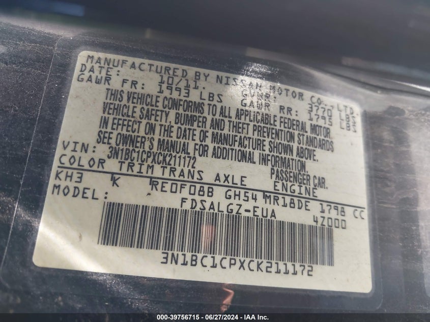 2012 Nissan Versa 1.8 Sl VIN: 3N1BC1CPXCK211172 Lot: 39756715