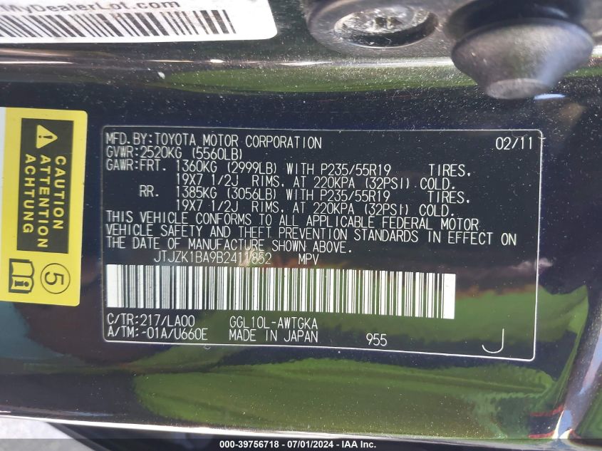 2011 Lexus Rx 350 VIN: JTJZK1BA9B2411852 Lot: 39756718