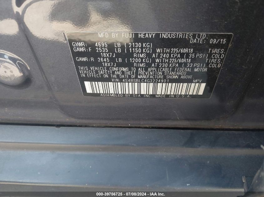 2016 Subaru Outback 2.5I Limited VIN: 4S4BSBLC4G3224901 Lot: 39756725