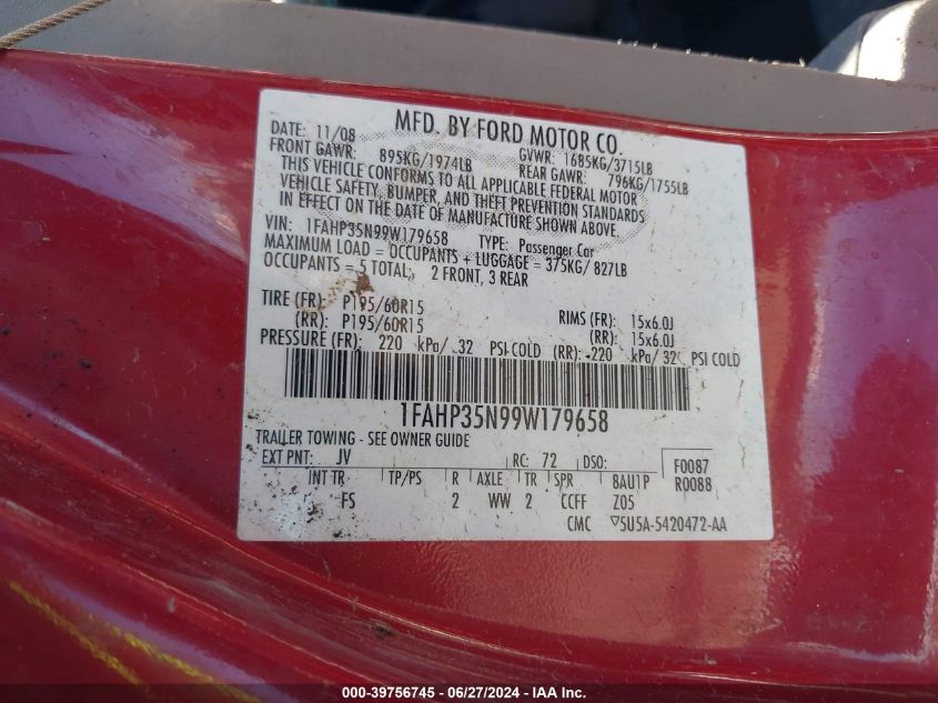 2009 Ford Focus Se VIN: 1FAHP35N99W179658 Lot: 39756745