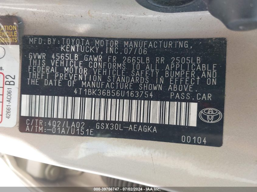 2006 Toyota Avalon Xls VIN: 4T1BK36B56U163754 Lot: 39756747