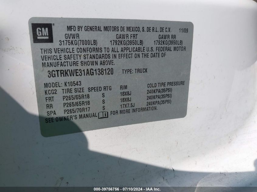 2010 GMC Sierra K1500 Slt VIN: 3GTRKWE31AG138120 Lot: 39756756