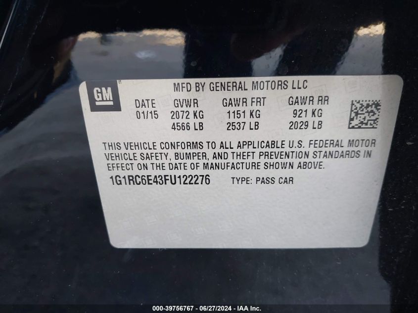 2015 Chevrolet Volt VIN: 1G1RC6E43FU122276 Lot: 39756767