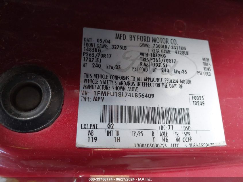 2004 Ford Expedition Eddie Bauer VIN: 1FMFU18L74LB56409 Lot: 39756774