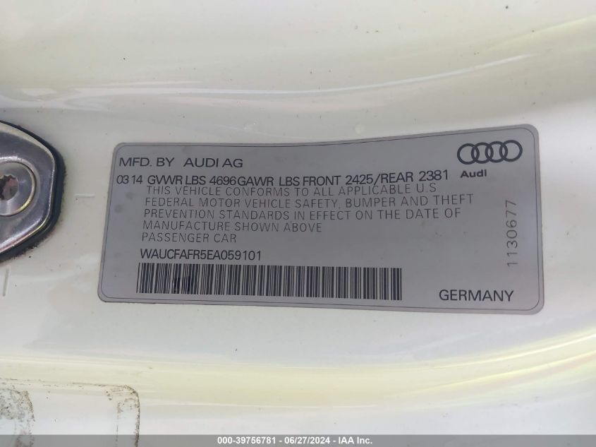 2014 Audi A5 2.0T Premium VIN: WAUCFAFR5EA059101 Lot: 39756781