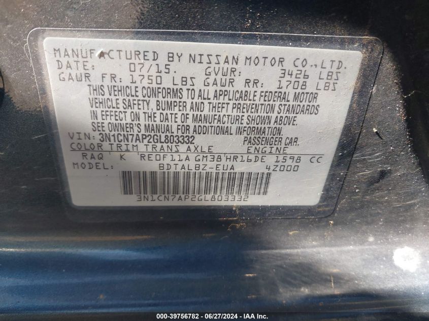 2016 Nissan Versa 1.6 S/1.6 S+/1.6 Sl/1.6 Sv VIN: 3N1CN7AP2GL803332 Lot: 39756782