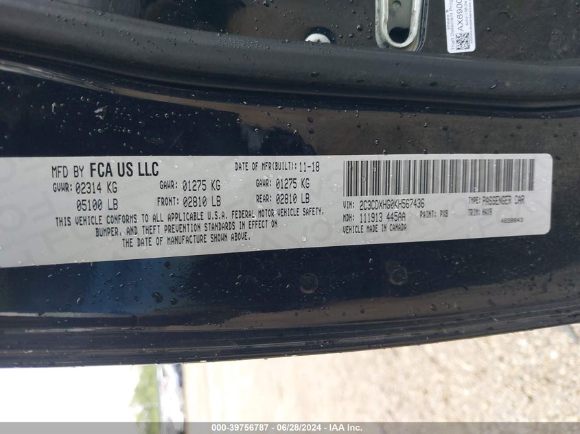 2019 Dodge Charger Gt Rwd VIN: 2C3CDXHG0KH567436 Lot: 39756787