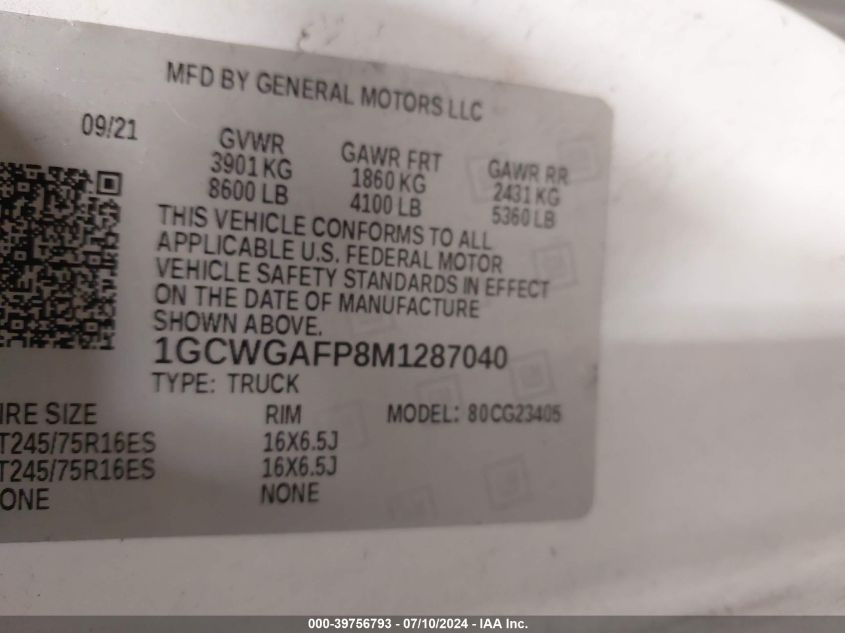 2021 Chevrolet Express Cargo Rwd 2500 Regular Wheelbase Wt VIN: 1GCWGAFP8M1287040 Lot: 39756793