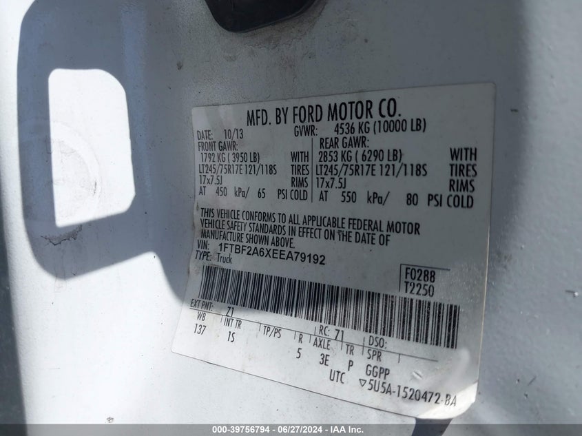 2014 Ford F-250 Xl VIN: 1FTBF2A6XEEA79192 Lot: 39756794