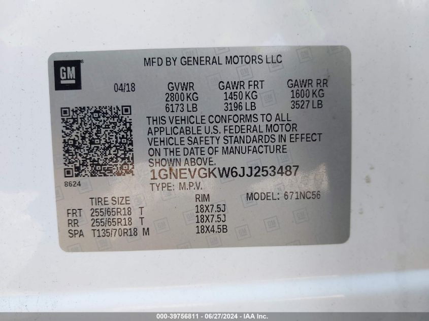 2018 Chevrolet Traverse Lt VIN: 1GNEVGKW6JJ253487 Lot: 39756811