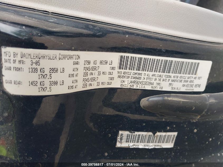 2005 Jeep Grand Cherokee Limited VIN: 1J4HR58245C653944 Lot: 39756817