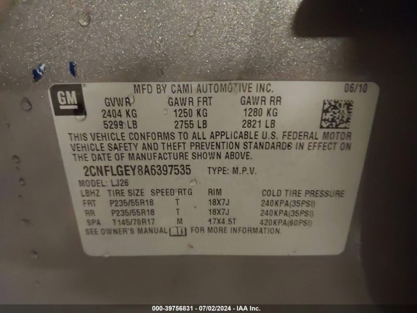2010 Chevrolet Equinox Ltz VIN: 2CNFLGEY8A6397535 Lot: 39756831