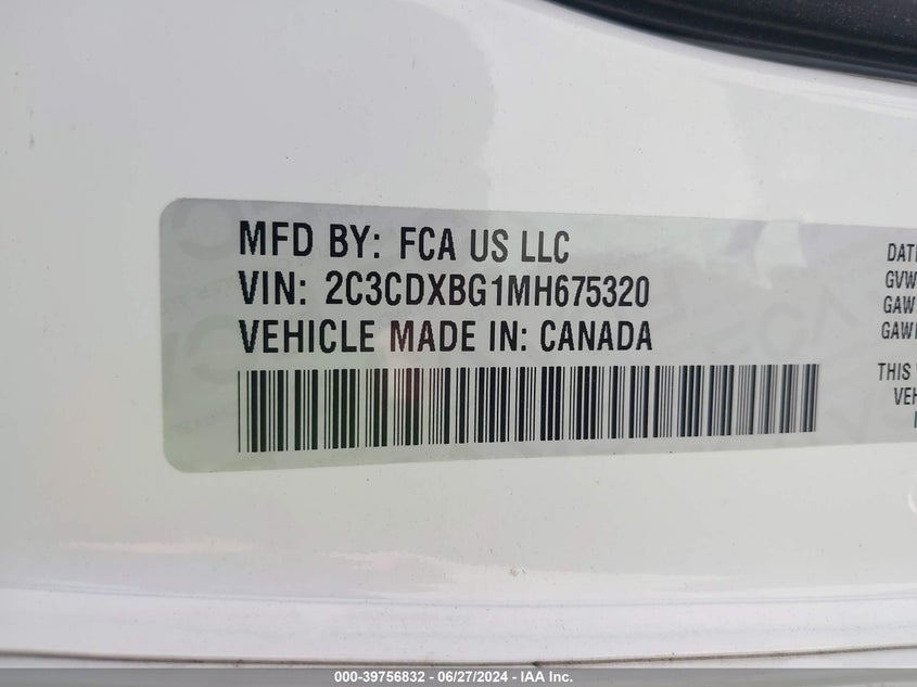 2021 Dodge Charger Sxt Rwd VIN: 2C3CDXBG1MH675320 Lot: 39756832