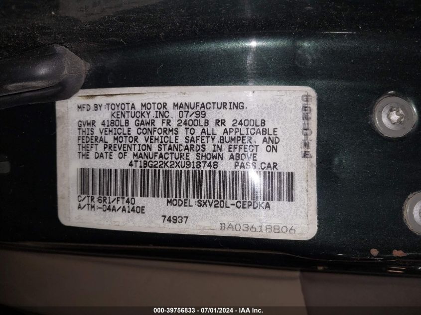 1999 Toyota Camry Ce VIN: 4T1BG22K2XU918748 Lot: 39756833