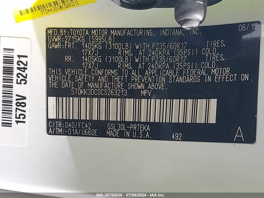 2012 Toyota Sienna Le V6 8 Passenger VIN: 5TDKK3DC0CS263213 Lot: 39756838