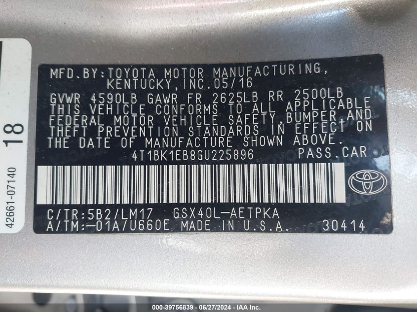 2016 Toyota Avalon Limited VIN: 4T1BK1EB8GU225896 Lot: 39756839