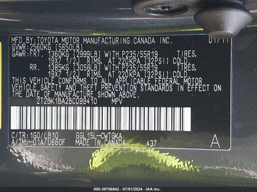 2011 Lexus Rx 350 VIN: 2T2BK1BA2BC099410 Lot: 39756842